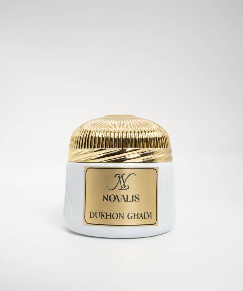 NOVALIS Dukhon Ghaim premium dokhun incense jar white and gold packaging