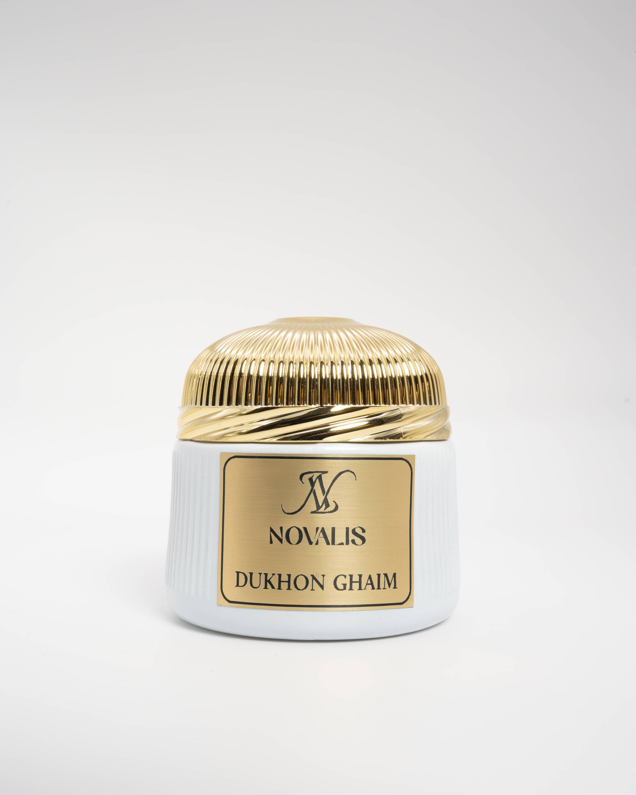 NOVALIS Dukhon Ghaim premium dokhun incense jar white and gold packaging